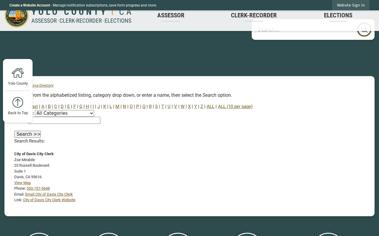 Davis people directories Yolo Clerk-Recorder resource directory