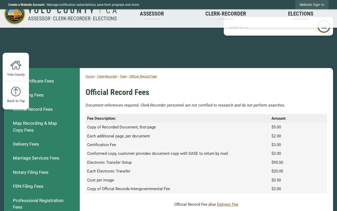 Davis public records copy fees from the Yolo Clerk-Recorder